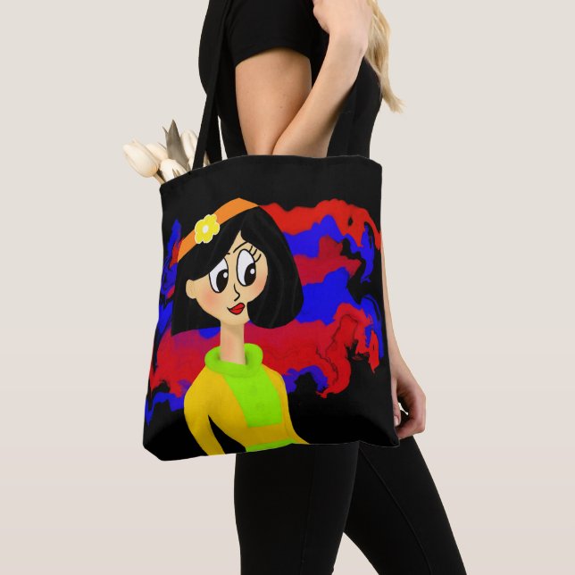 Retro Girl Svart Toteväska Tygkasse (Närbild)