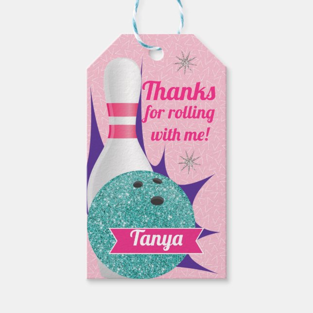 Retro Girls Glitter Bowling Tenpin Party Presentetikett (Framsidan)
