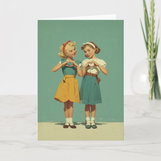 Retro Girls Sharing Heartfelt Joy Kort (Framsida)