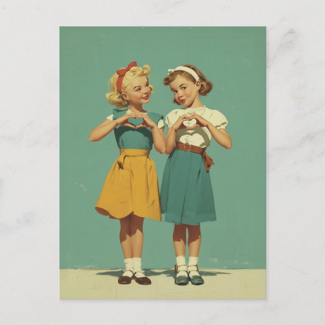 Retro Girls Sharing Heartfelt Joy Vykort (Framsida)