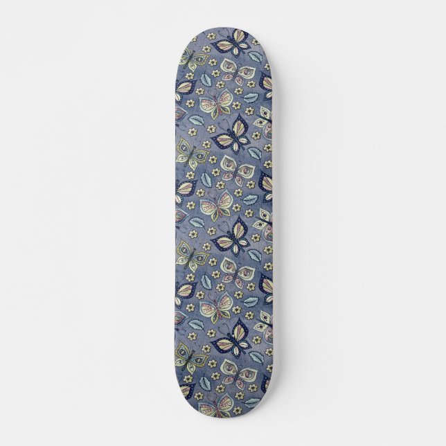 Retro Girly Blue Butterfly Mönster Skateboard (Framsida)