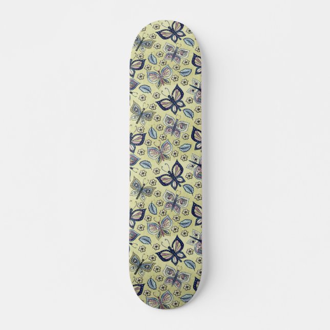 Retro Girly Blue Butterfly Mönster Skateboard (Framsida)
