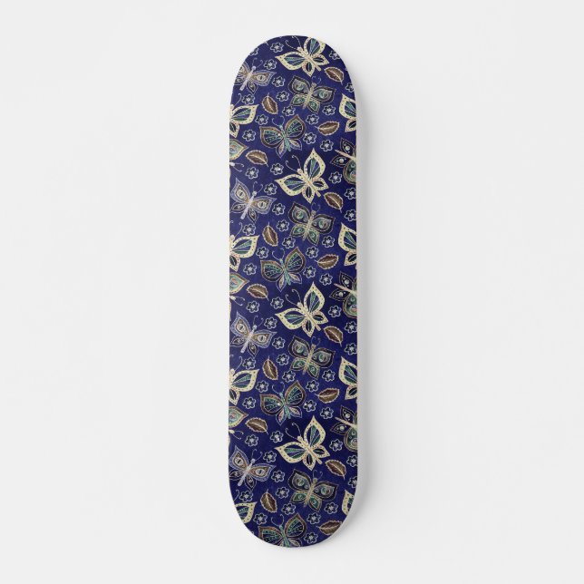 Retro Girly Blue Butterfly Mönster Skateboard (Framsida)
