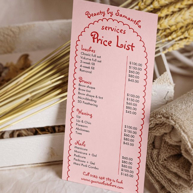 Retro Girly Red Rosa Handskriftlig Salon Pris list Reklamkort (girly pink and red whimsical style business price list rack cards with handwritten style font)