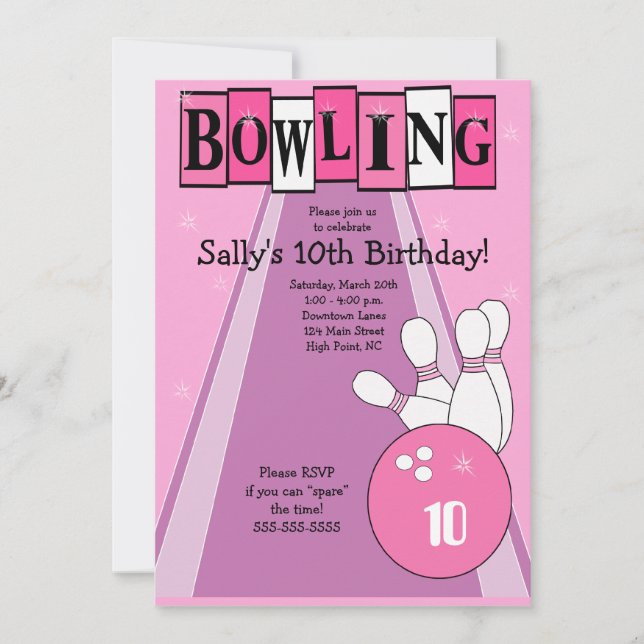 Retro Girly Rosa Birthday Bowling Party Inbjudan (Framsida)
