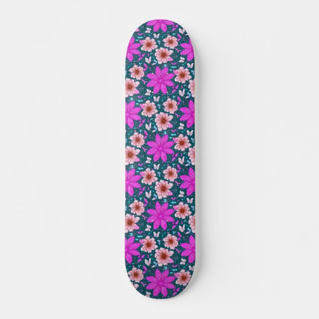 Retro Girly Rosa Blommönster Skateboard (Framsida)