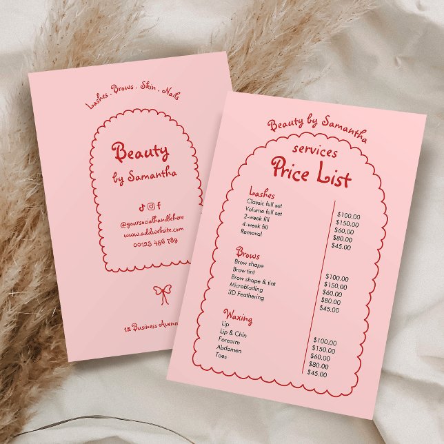 Retro Girly Rosa & Red Hand plockade Boho Pris lis (Girly blush pink and red business price list )