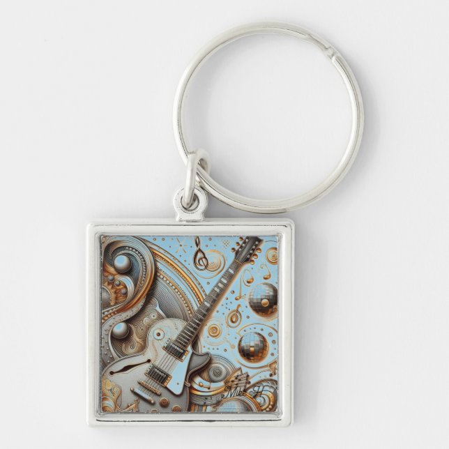 Retro Gitarr Metallisk Flair Personlig Fyrkantig Silverfärgad Nyckelring (Framsidan)
