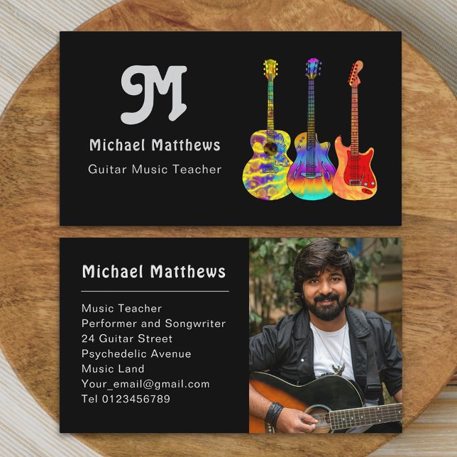 Retro Gitarr Musik Lärar Musiker Foto Visitkort (Modern retro guitar music teacher professional musician photo business card)