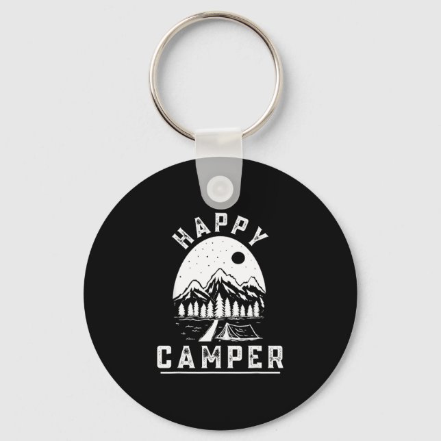 Retro glad campingtält tallskog berg nyckelring (Framsida)