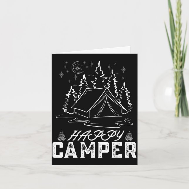 Retro glad campingtält tallskog månnatt kort (Framsida)