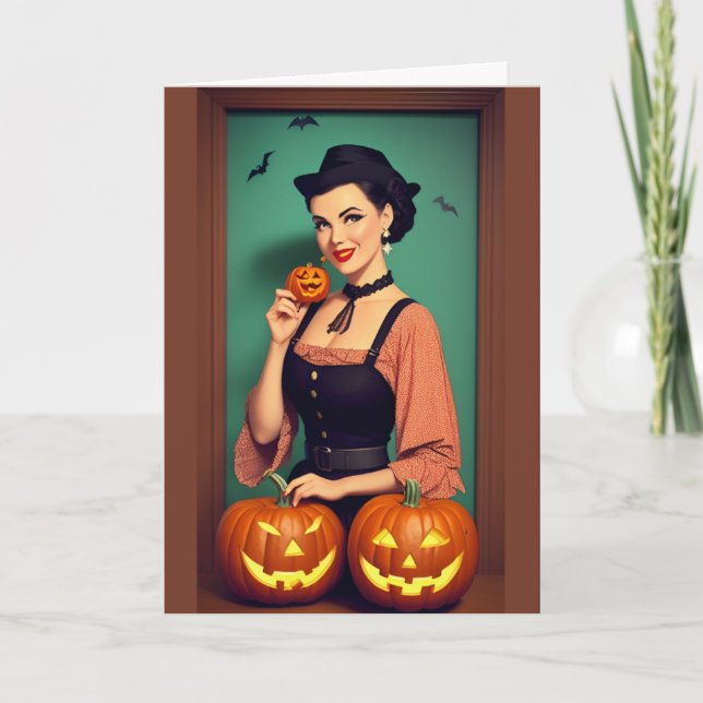 Retro Glad Halloween Dam med pumpor Kort (Framsida)