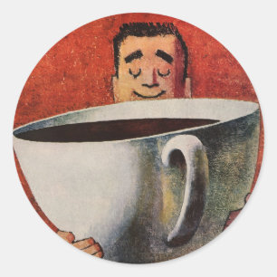 Retro Glad Man Dricker Jätte Kopp Kaffe Runt Klistermärke