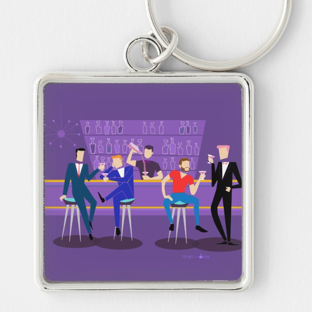 Retro glad pub Keychain Fyrkantig Silverfärgad Nyckelring (Framsidan)