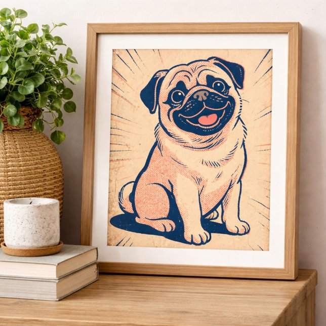 Retro Glad Pug Hund Serieteckning Stil Konst Poster (retro comic pug)
