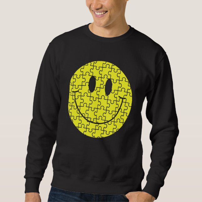 Retro Glad Smiley Ansikte Pusselbitar Söt Autism A Lång Ärmad Tröja (Framsida)