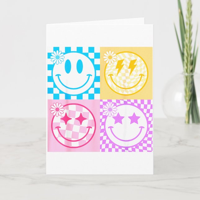 Retro Glad Smiley Ansikte Rutigt Mönster Vibes Tre Kort (Framsida)
