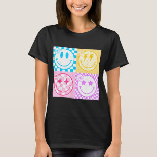 Retro Glad Smiley Ansikte Rutigt Mönster Vibes Tre T Shirt