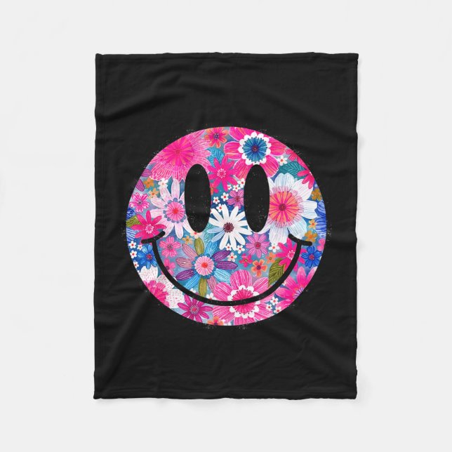 Retro glada blommor leende ansikte groovy boho des fleecefilt (Framsidan)