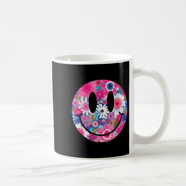 Retro Glada Blommor Leende Ansikte Groovy Boho Des Kaffemugg (Höger)