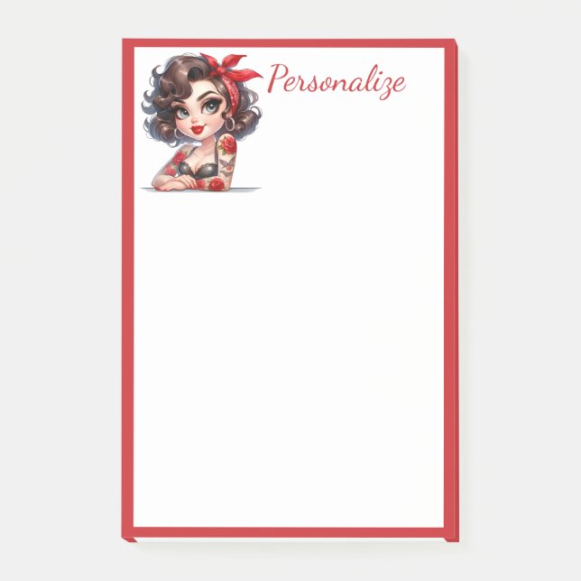 Retro Glam Girl Ro Tattoo Red Gräns Personalize Post-it Block (Framsida)
