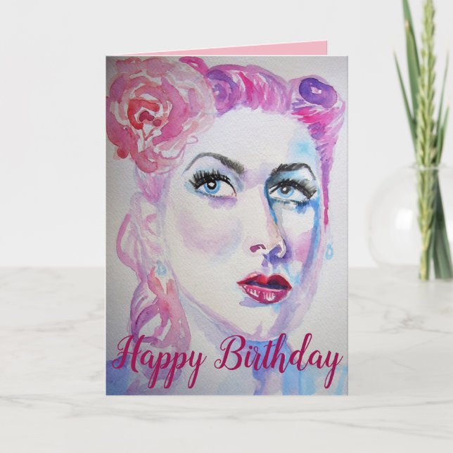 Retro Glam Girls Birthday Card-vattenfärg Kort (Framsida)