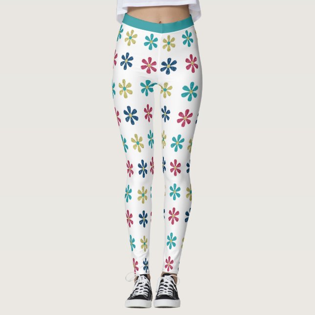Retro Glam Girly, 60:e Glitter Flowers Guld Blue R Leggings (Framsida)