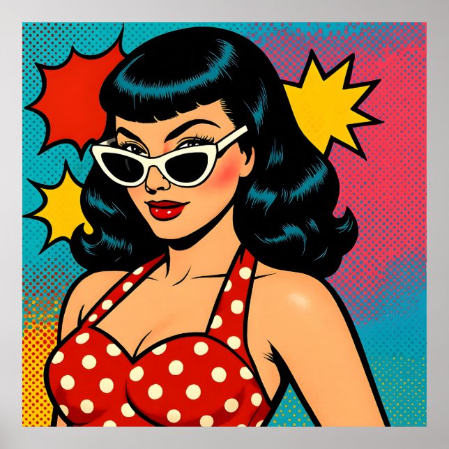 Retro Glam Pop Art Woman in Cat-Eye Sunglasses Poster (Framsidan)
