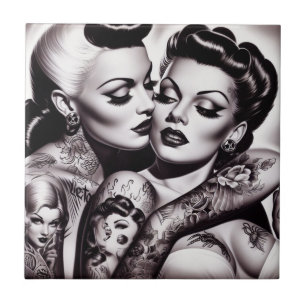 Retro Glam Tattoo Girls Kakelplatta