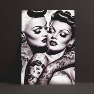 Retro Glam Tatuerade Tjejer Vykort