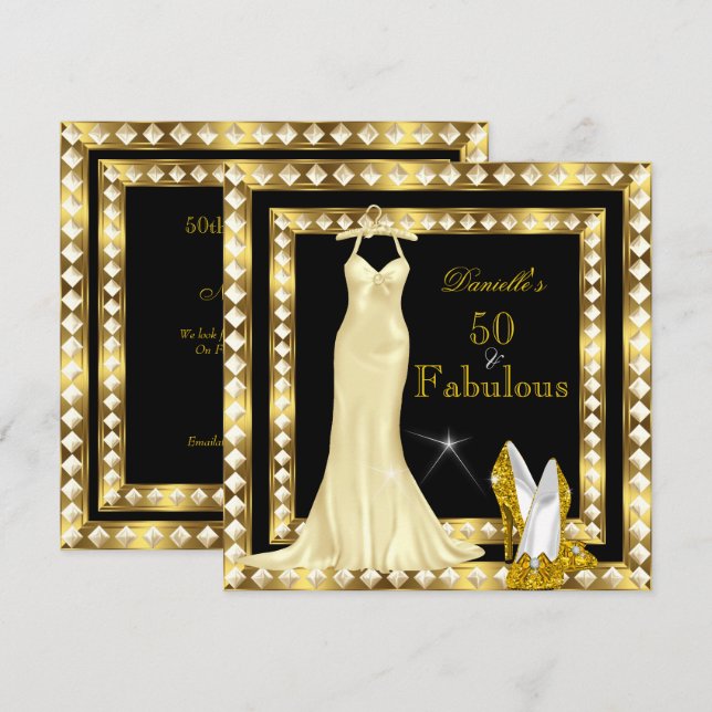 Retro Glamor Hollywood Fabulous 50 Guld Deco 2 Inbjudningar (Fram/baksida)