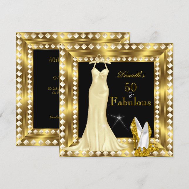 Retro Glamor Hollywood Fabulous 50 Guld Deco 3 Inbjudningar (Fram/baksida)