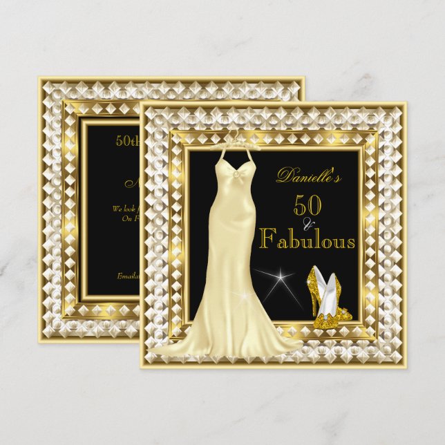 Retro Glamour Hollywood Fabulös 50-tals Guld Deco Inbjudningar (Fram/baksida)