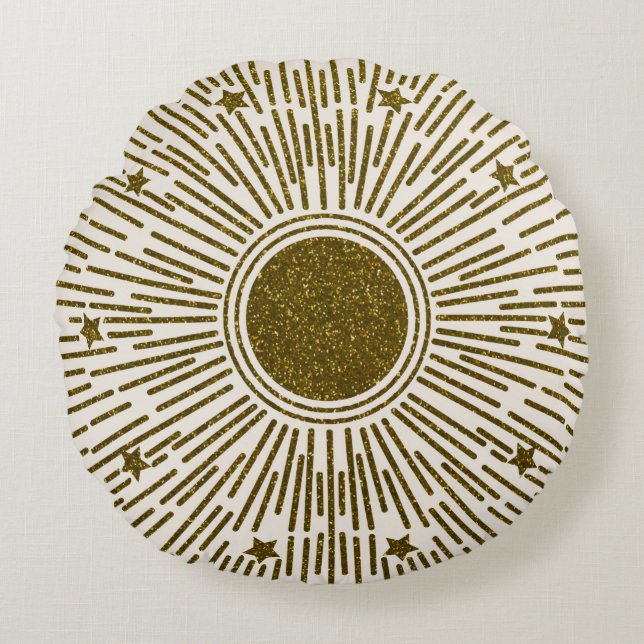 Retro glitter, guldfärgad sol med rockor rund kudde (Framsidan)