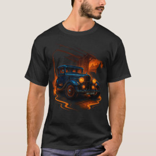 "Retro Glow Ride – Vintage Blå Bil i Neon Stad T Shirt