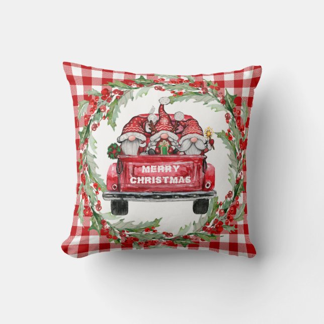 Retro Gnomes jul Buffalo Red Lastbil Helgdag Kudde (Framsida)