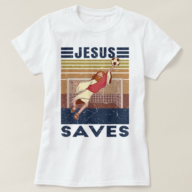 Retro Goalkeeper Jesus sparar fotbollsmålet T Shirt (Design framsida)