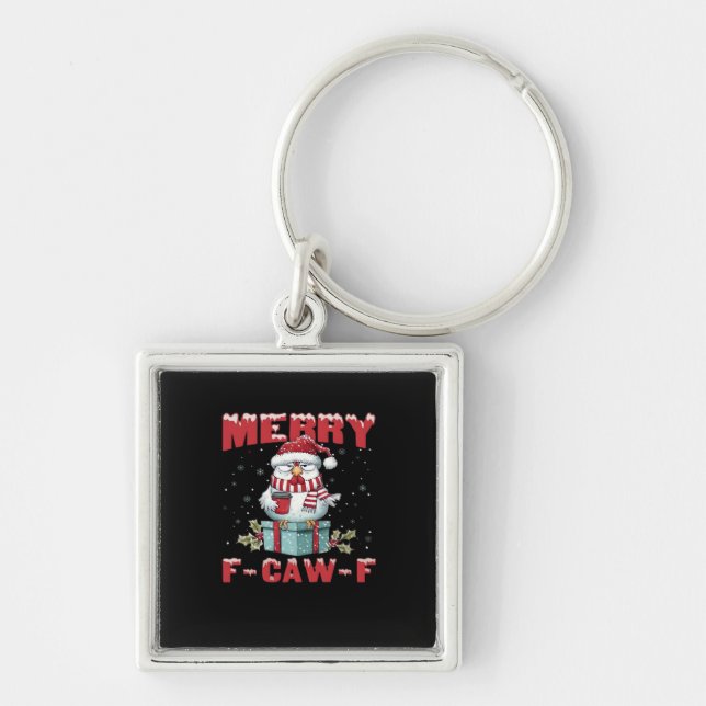 Retro God Jul F-Caw-F Kyckling  Fyrkantig Silverfärgad Nyckelring (Framsidan)