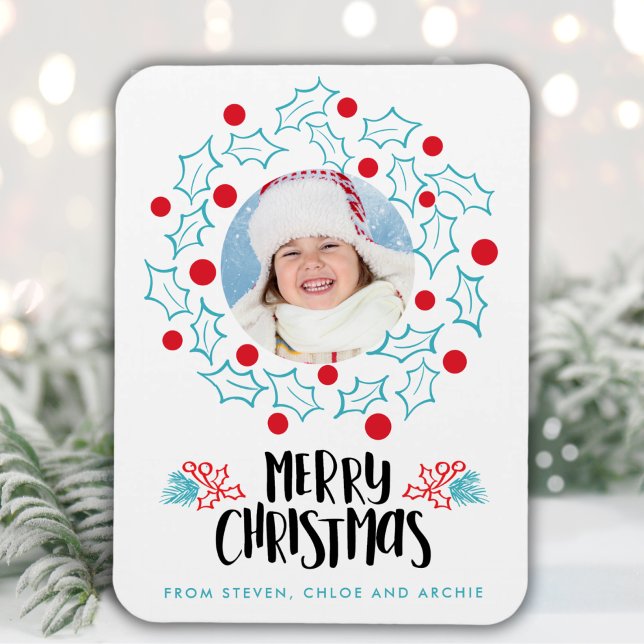 Retro God jul Holly Red Berries Photo Magnet (Skapare uppladdad)