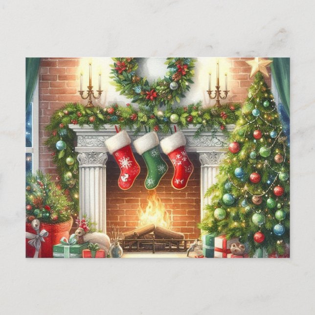 Retro God Jul Mysigt Jul Hem  Postkort Helg Vykort (Framsida)