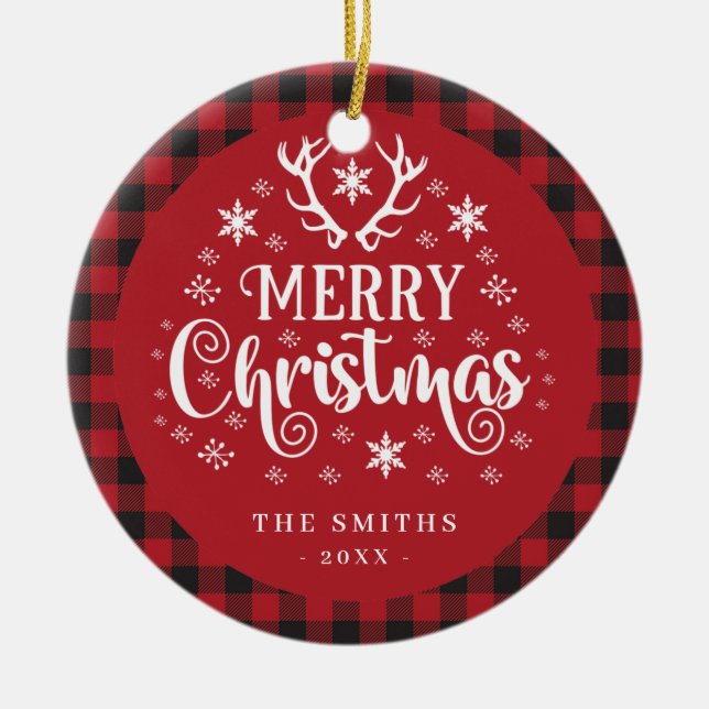 Retro God jul Red and White Anpassningsbar Julgransprydnad Keramik (Framsidan)