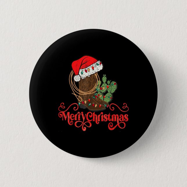 Retro God jul Santa Hat Cowboy Boots Westerna Knapp (Framsida)
