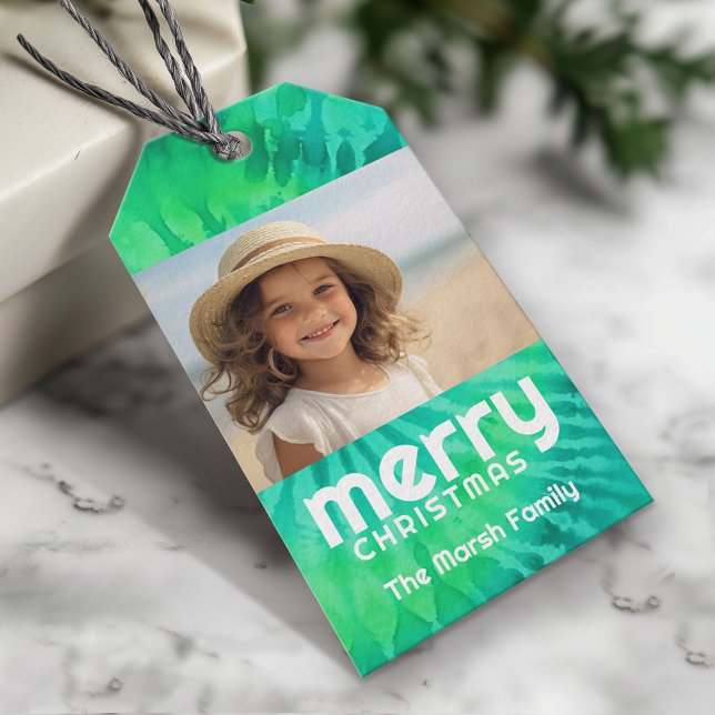 Retro God jul Tie- Dye Teal Photo 70s Vibe Presentetikett (Custom Photo Gift Tag - Add your pictures and text)
