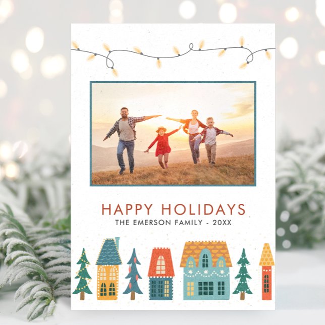 Retro God Jul vykort (Family Photo Cute Holiday Retro Houses Christmas Cards by Painted Paperie)