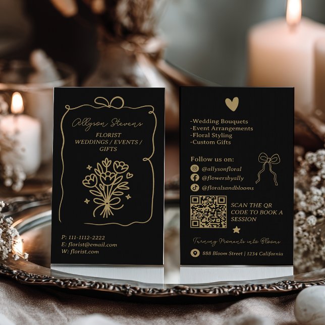 Retro Gold Black Doodles Florist Artist QR Code Visitkort (Retro Gold Black Doodles Florist Artist QR Code Business Card)