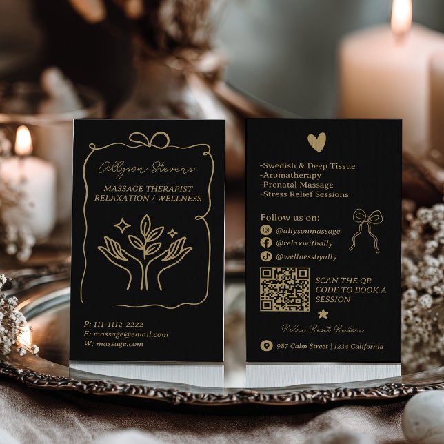 Retro Gold black Doodles Massage Therapist QR Code Visitkort (Retro Gold black Doodles Massage Therapist QR Code Business Card)