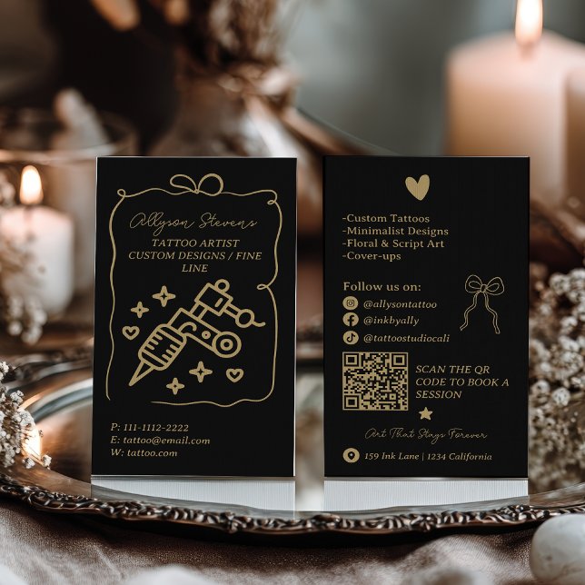 Retro gold black Doodles Tattoo Artist QR Code Visitkort (Retro gold black Doodles Tattoo Artist QR Code Business Card)