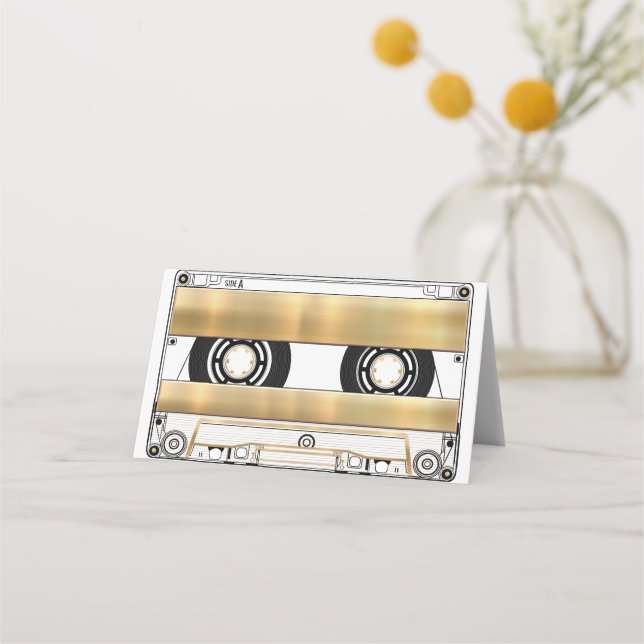 Retro Gold Cassette Tape Blank Wedding Folded Placeringskort (Framsida)