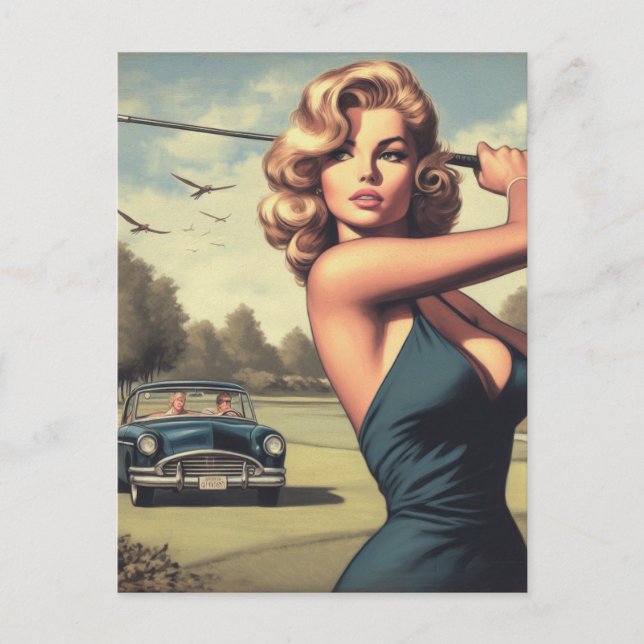 Retro Golf Flicka Vykort (Framsida)