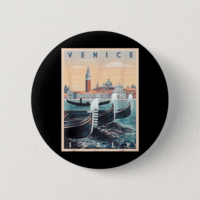 Retro gondolbåtar med Vy över Venedig Italien Knapp (Framsida)